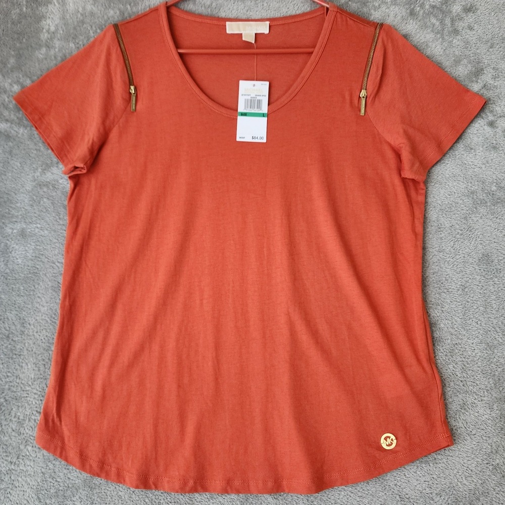 Michael Kors Shirt Womens Large Orange Spice Zip Shoulder Scoop Neck Retro Top